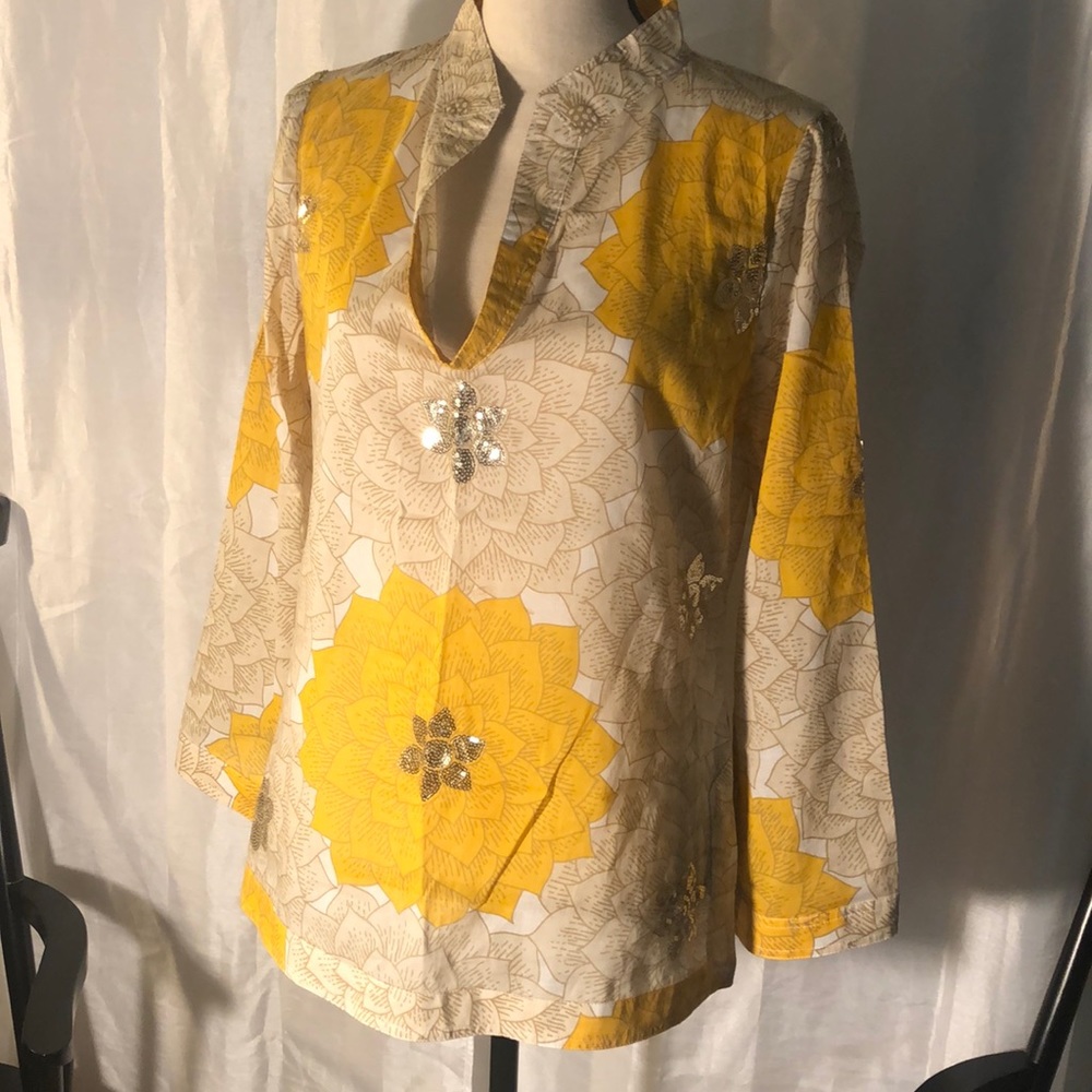Tory Burch yellow & beige blouse top size 10